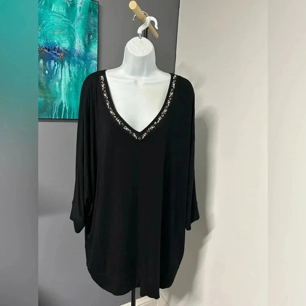 Women’s Plus Size 26/28 Black V‎ Neck Tunic Top Jewels Stretch Dolman Whimsigoth